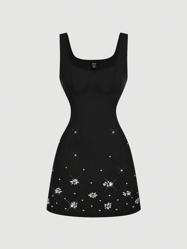 rhinestone embellished black mini dress