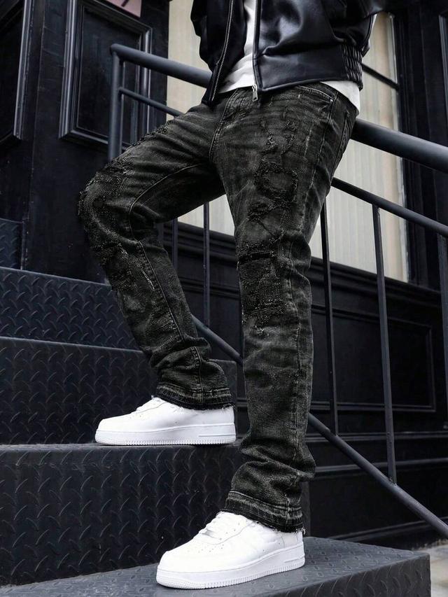 men's distressed black wash flared stacked jeans