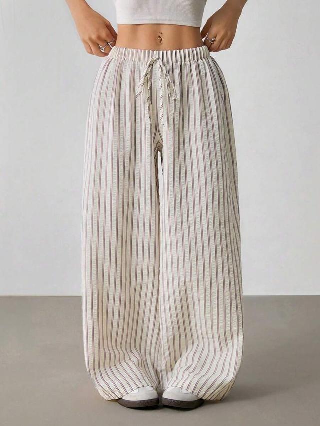 casual loose blue and white striped wide-leg pants