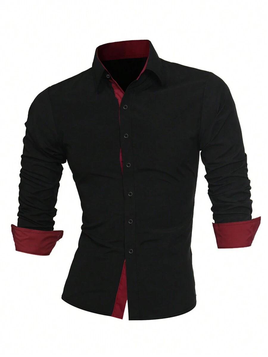 men's casual commuter color block button-up long sleeve shirt