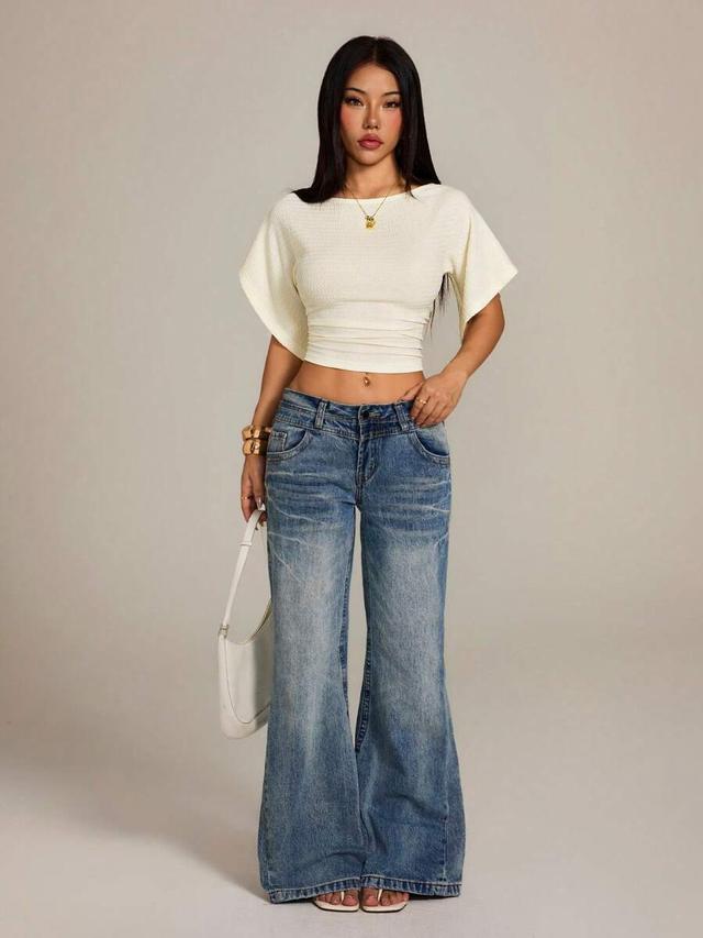 apricot knit batwing short sleeve cropped t-shirt