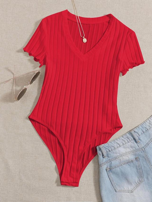 red ribbed knit v-neck bodysuit