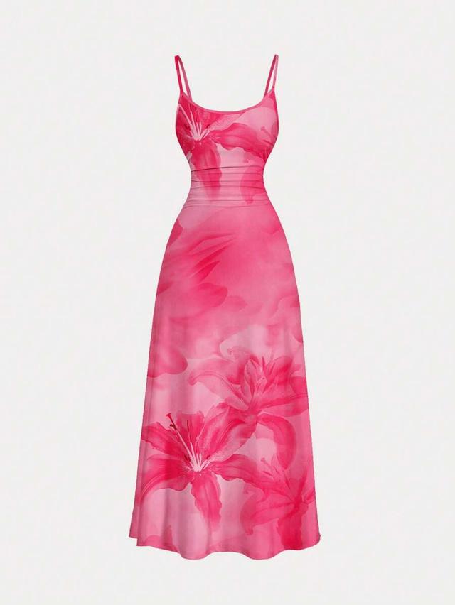 pink floral print ruched waist maxi slip dress