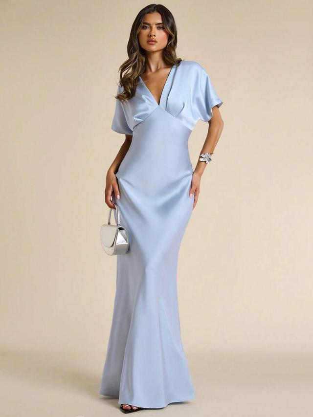light blue satin v-neck midi dress