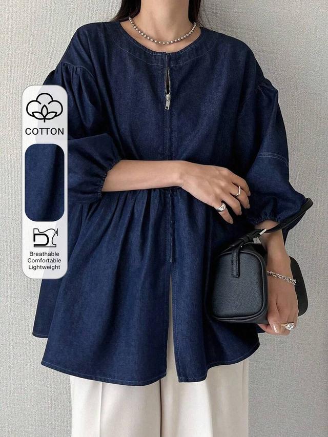 dark wash denim puff sleeve zip front blouse