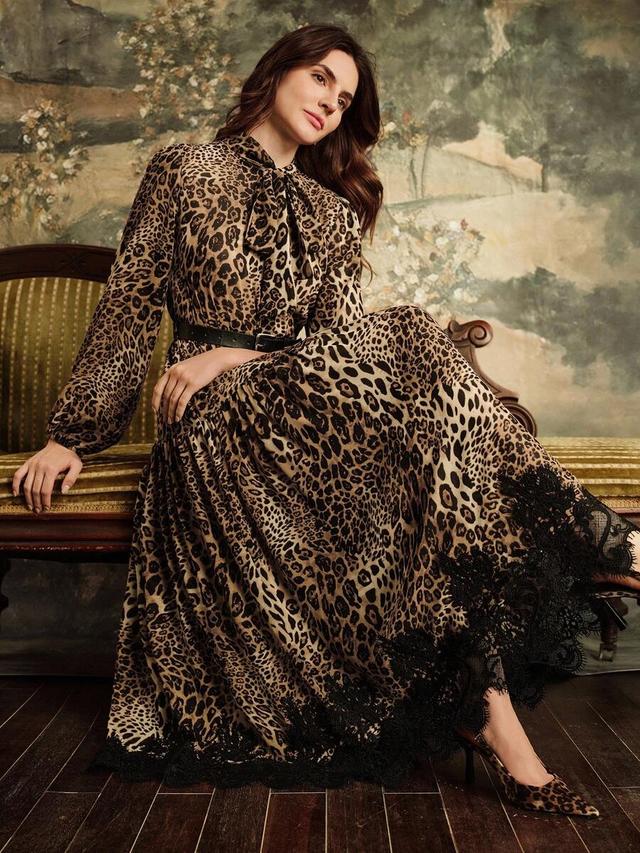 elegant leopard print chiffon dress with contrast lace