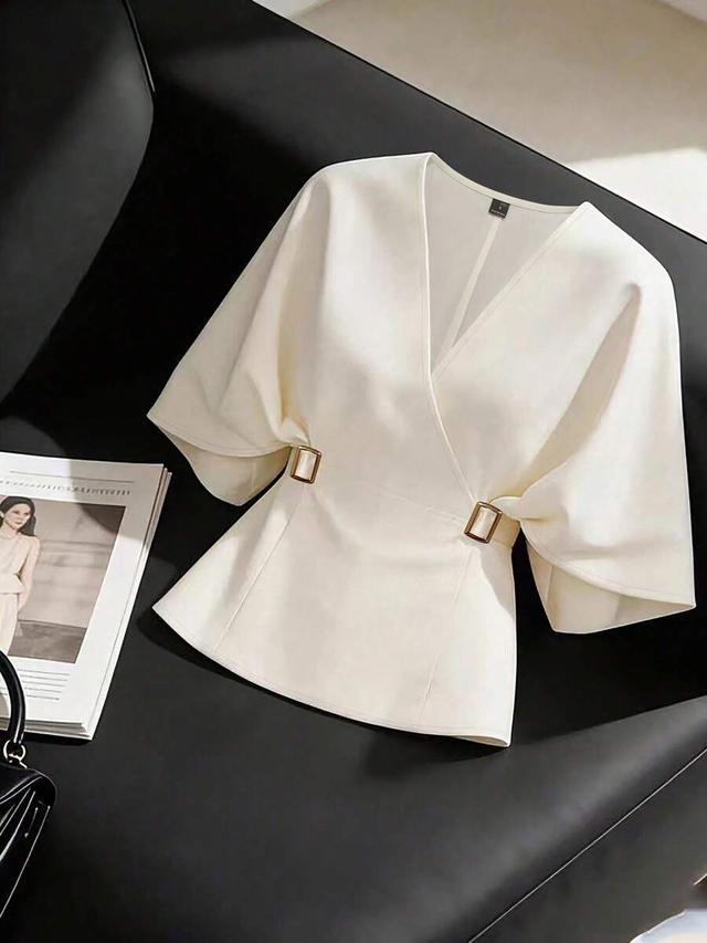 white cinched waist batwing sleeve blouse