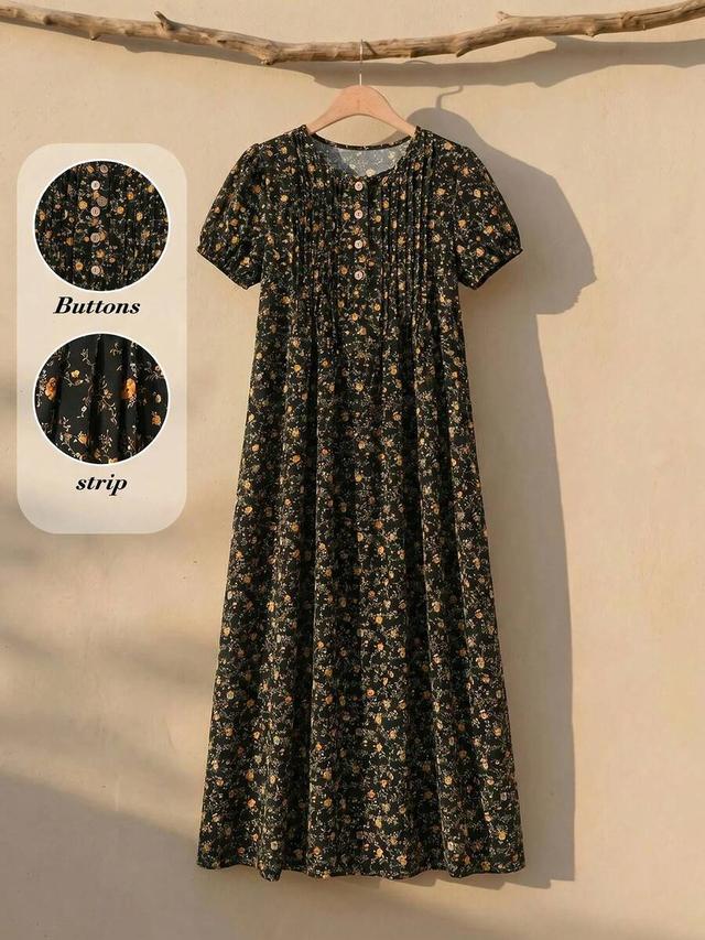 rusticease floral print round neck casual midi dress