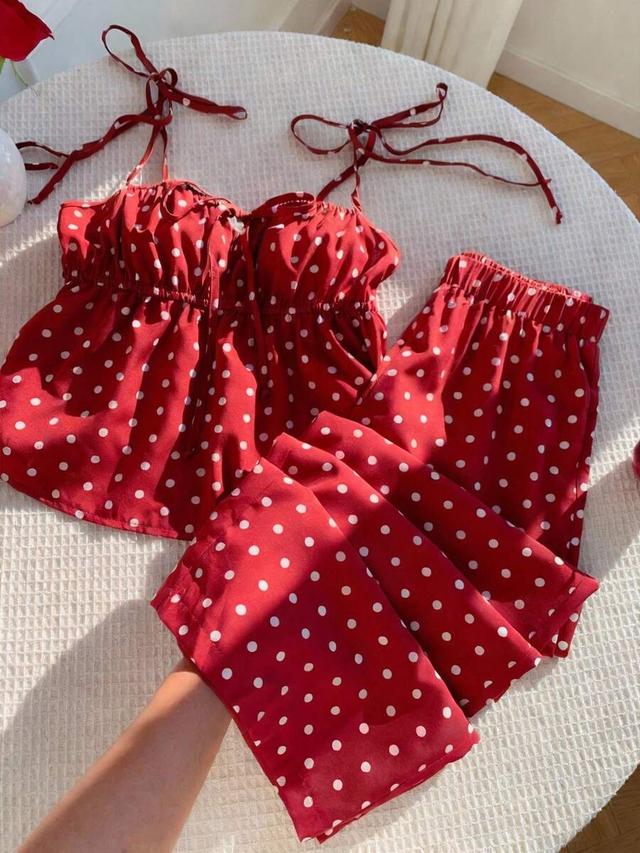 red polka dot cami top and wide leg pants