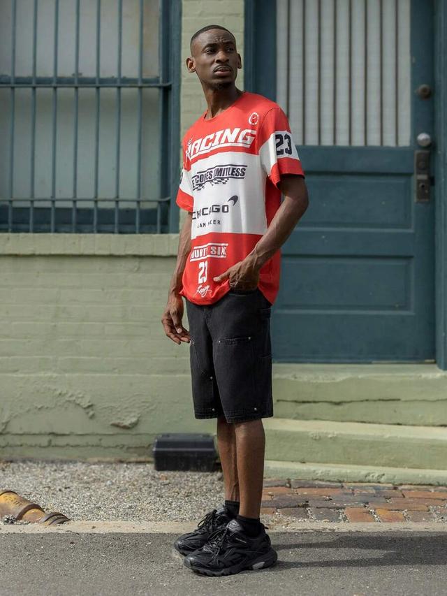 red and white loose fit black denim carpenter shorts