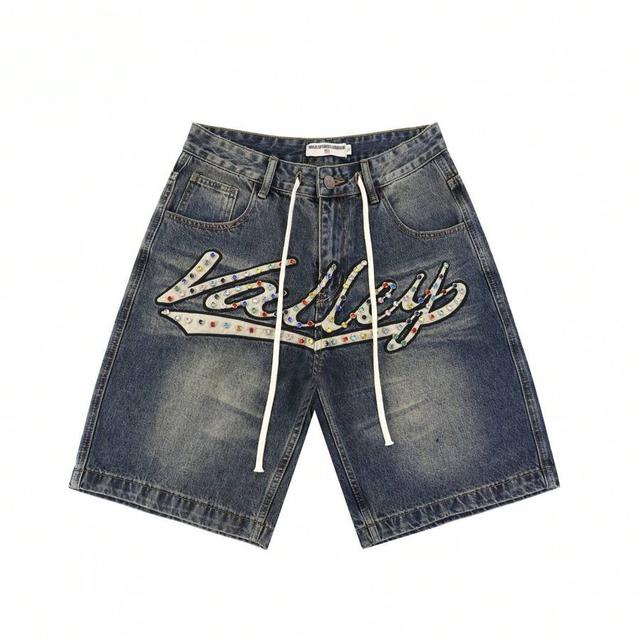 vale forever skittle embroidered rhinestone washed denim shorts