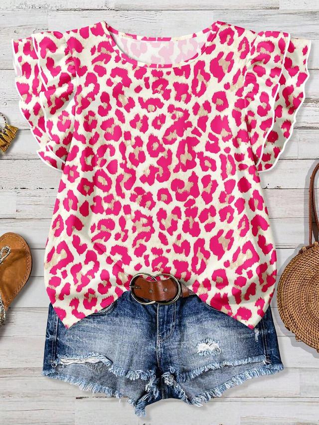 pink leopard print ruffle hem casual top