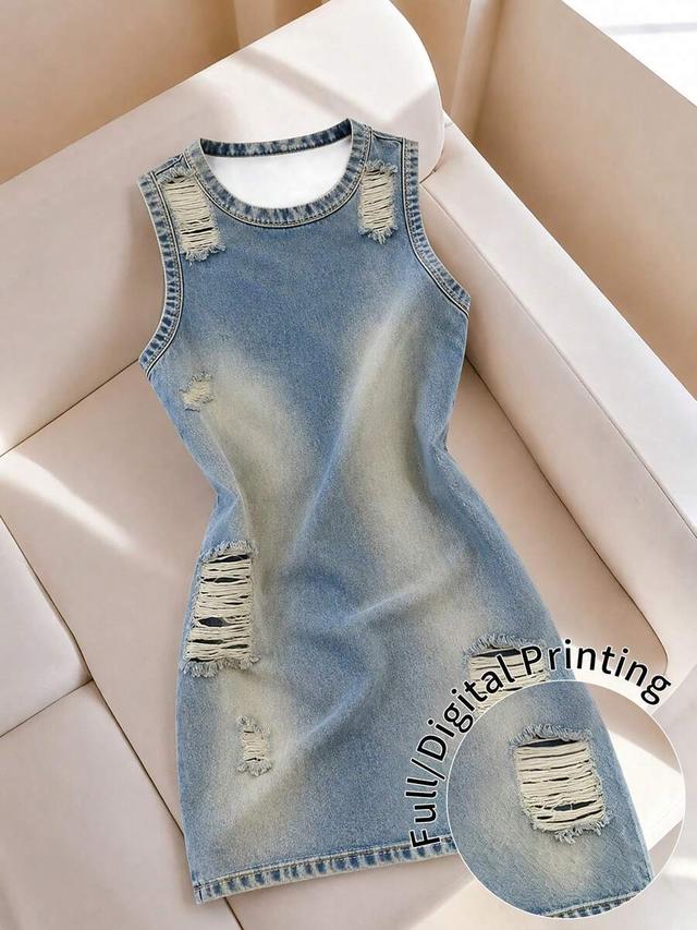 distressed light wash denim sleeveless mini dress