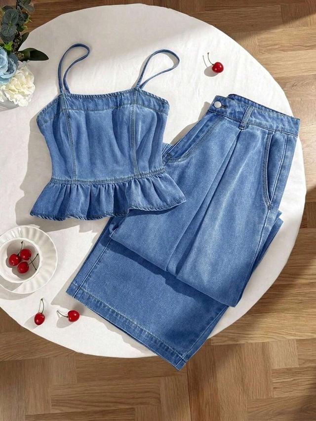 casual denim camisole and wide leg pants set