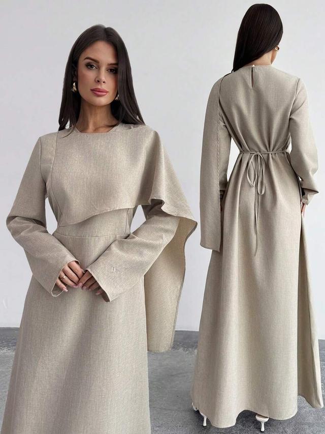 elegant taupe modest long sleeve a-line dress
