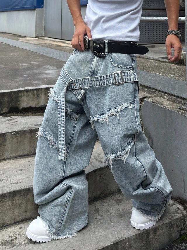 distressed frayed wide leg denim jeans with belt