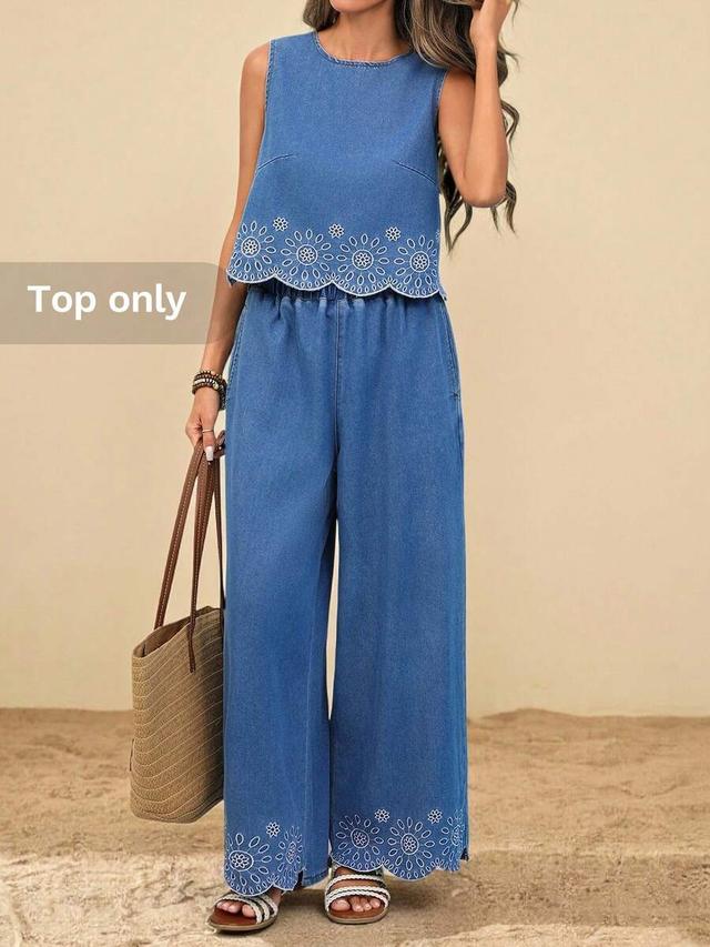 casual boho denim top with floral embroidery