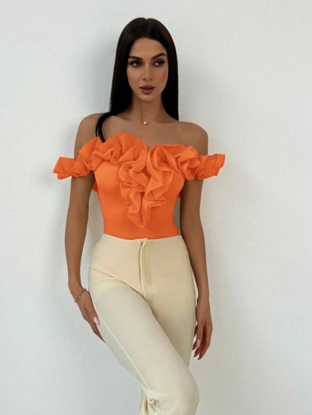 burnt orange off-the-shoulder frilled party jumpsuit