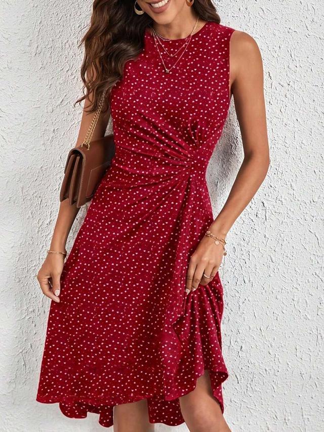 red and white polka dot sleeveless ruched waist dress