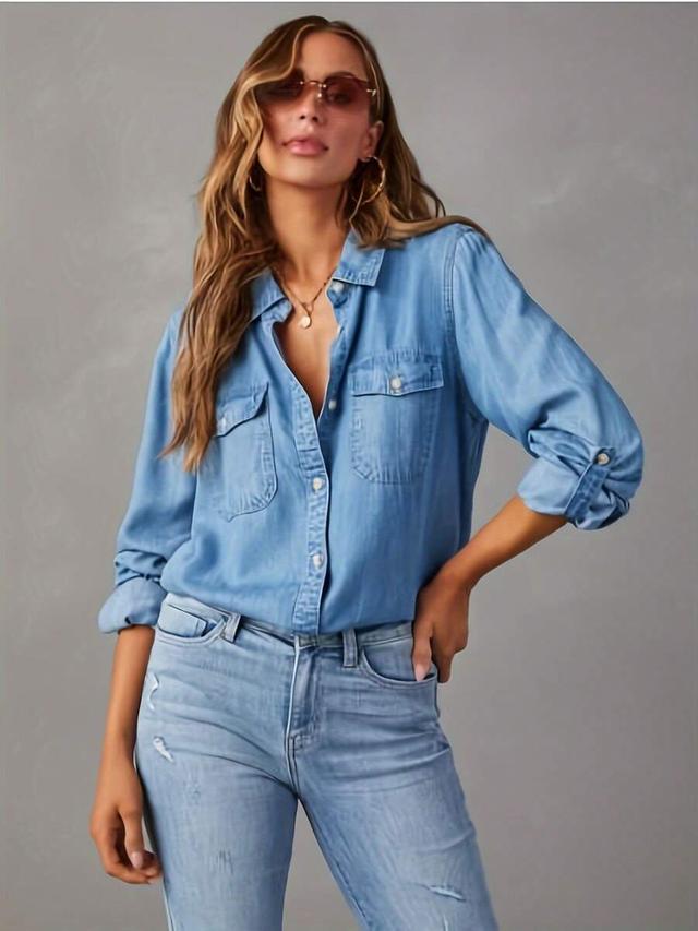 women light wash denim button down shirt