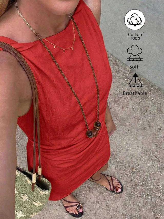 red sleeveless linen short dress with twisted shoulder