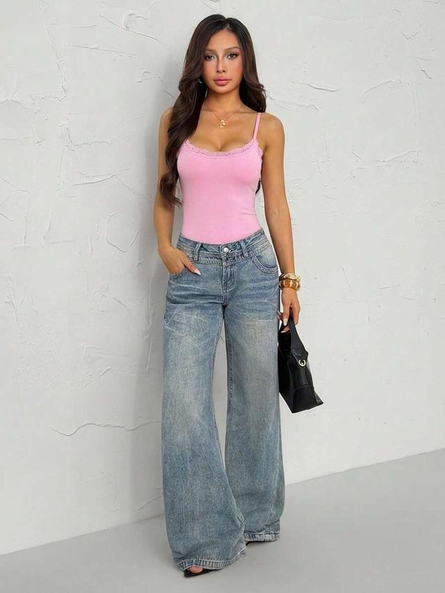 pink lace trimmed spaghetti strap bodysuit