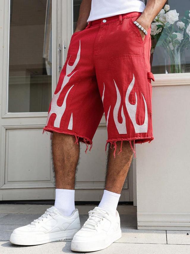 red wide leg denim shorts with flame embroidery