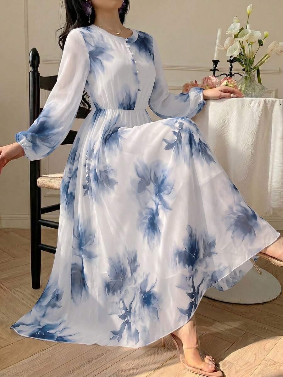 modelyn floral print chiffon long sleeve flared dress