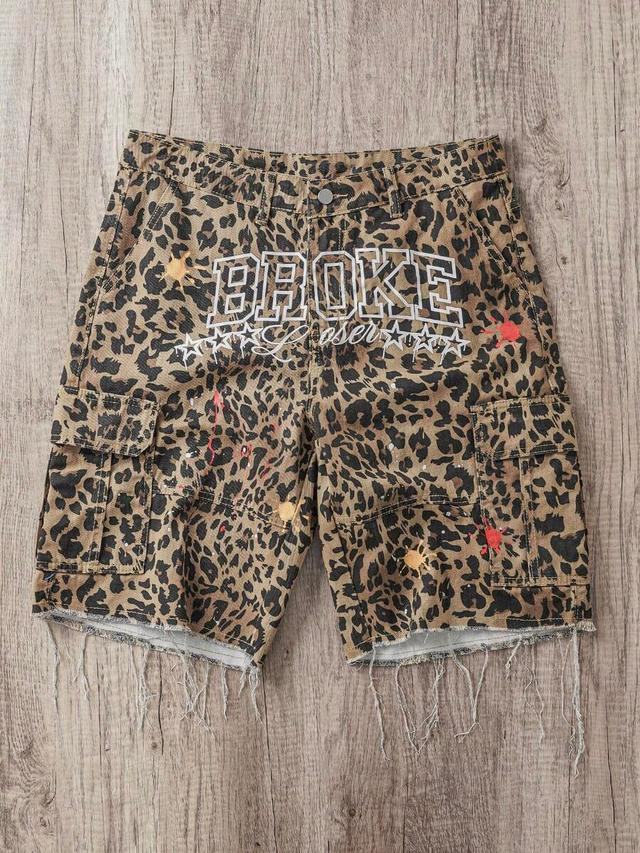 leopard print distressed denim cargo shorts