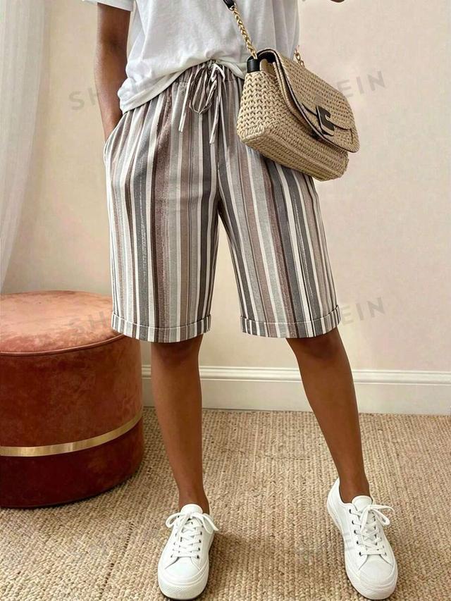 casual vertical striped drawstring waist wide leg shorts