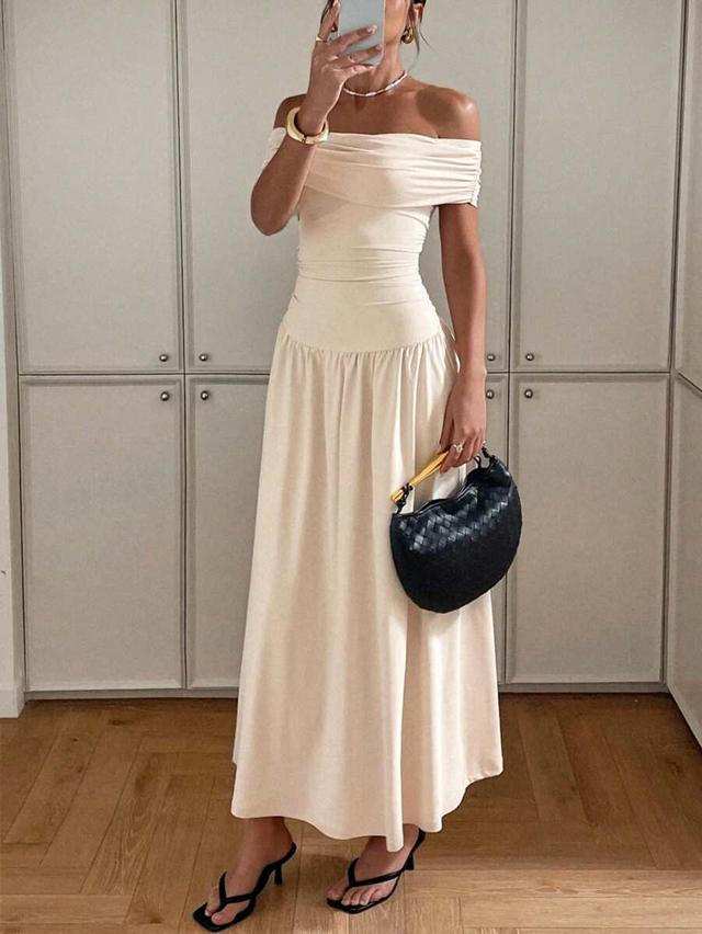 siren gaze solid off shoulder cinched waist dress
