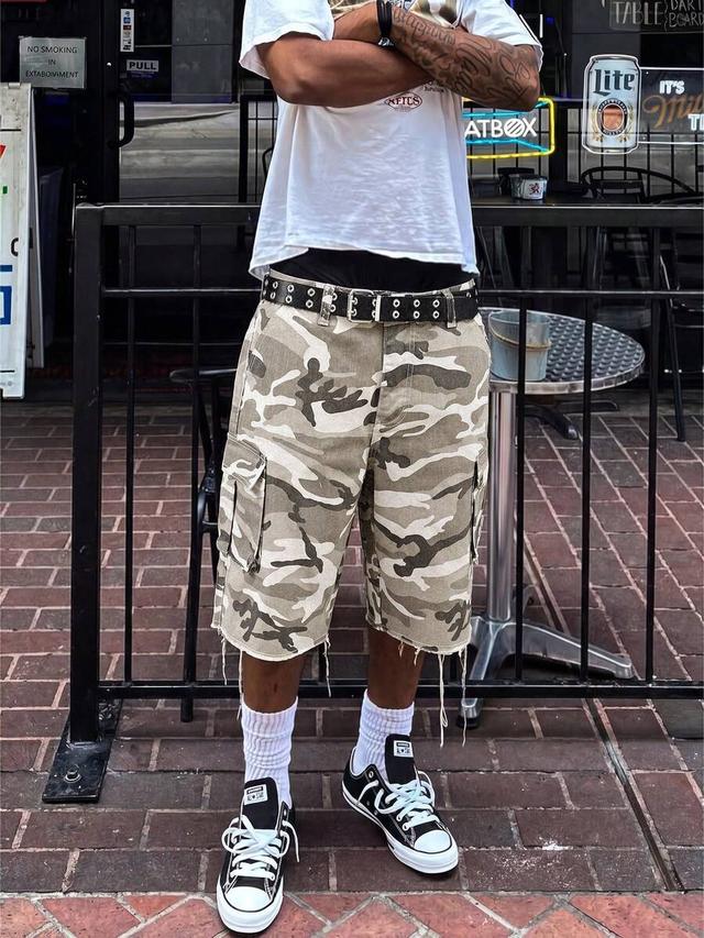 y2k camouflage print straight leg cargo denim shorts