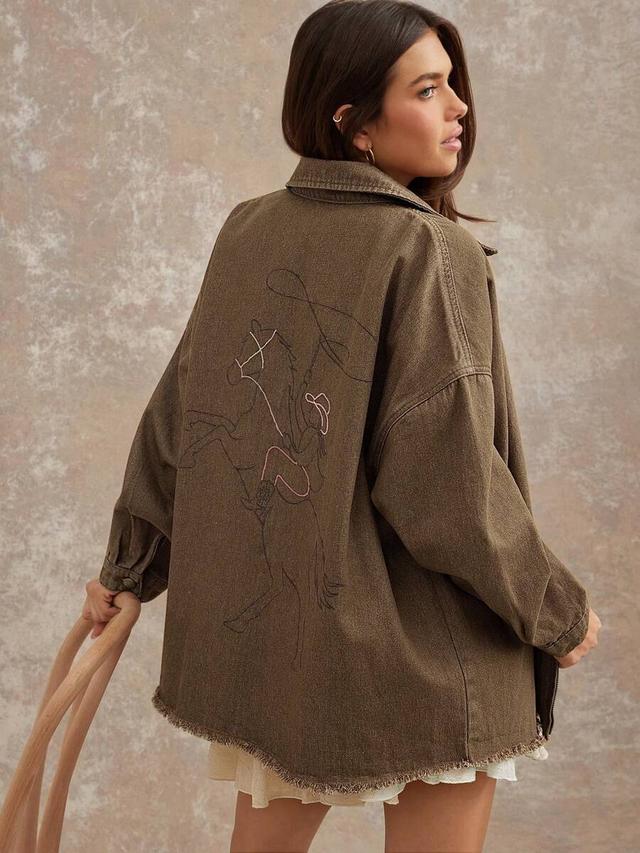 olive brown denim jacket with western embroidery