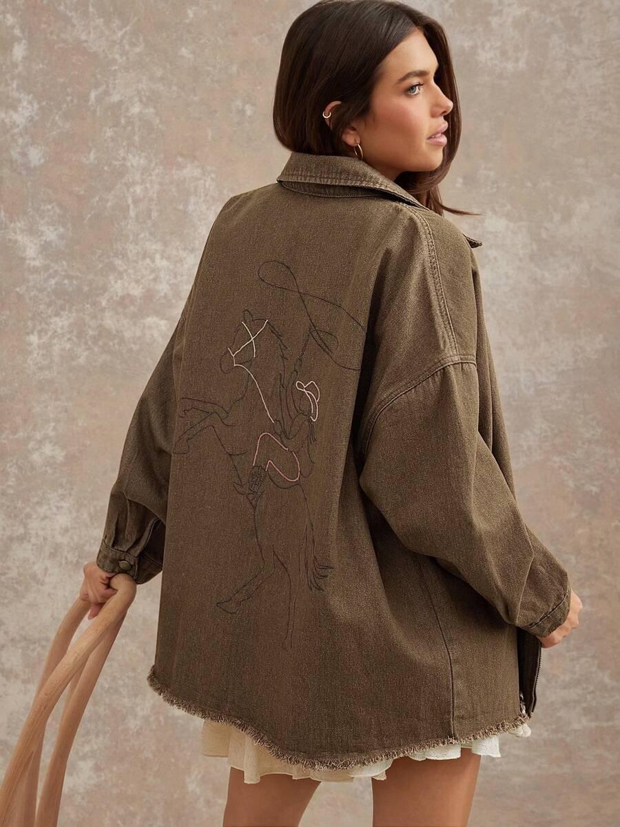 olive brown denim jacket with western embroidery