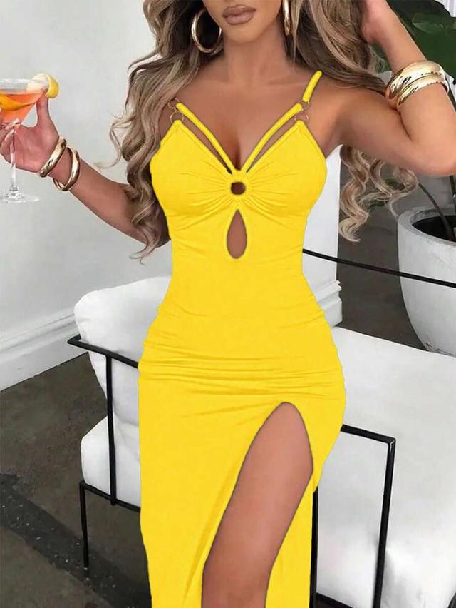 solid yellow ring connection pleated slit hem cami dress