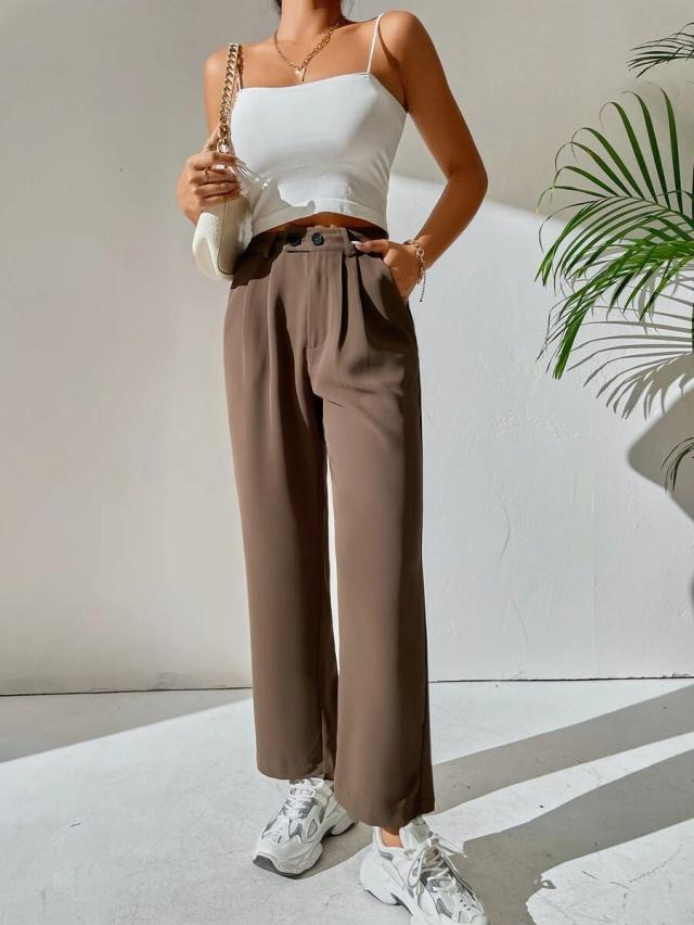 Brown High Waist Plicated Dress Trousers