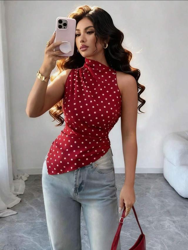 red polka dot slim fit asymmetric hem top