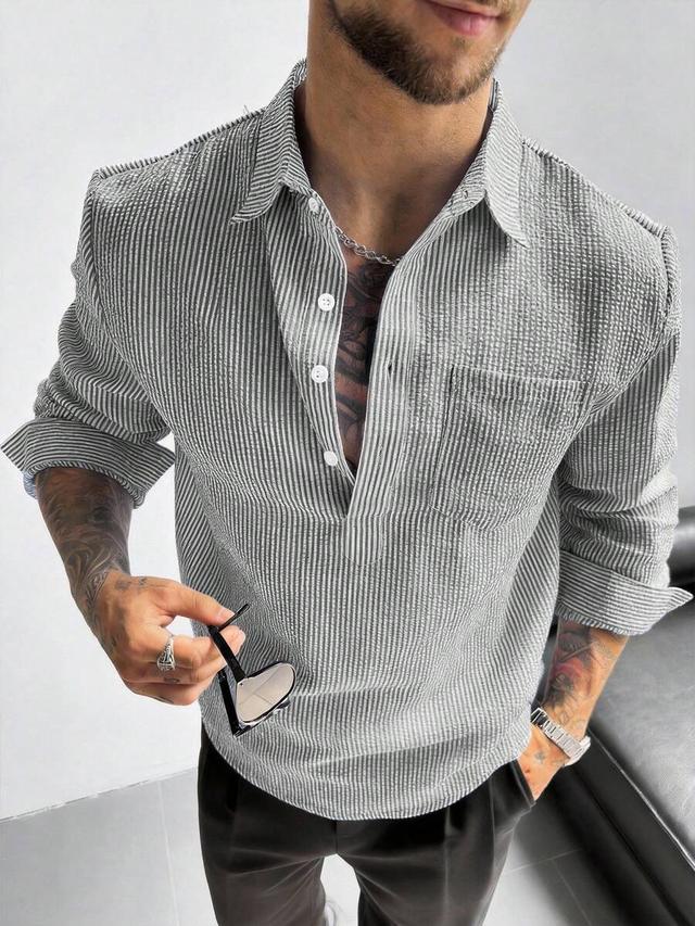 textured striped linen blend half-open collar shirt