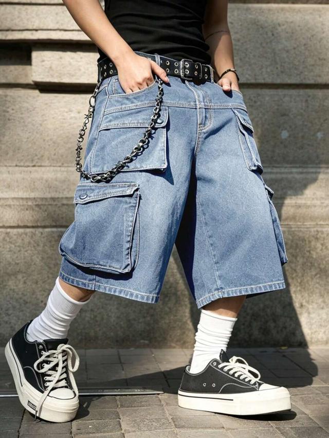 loose casual denim wide leg cargo shorts