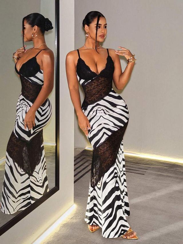 zebra print patchwork lace spaghetti strap bodycon dress