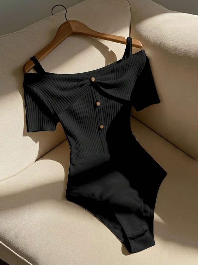 minimalist black ribbed cold shoulder bodysuit