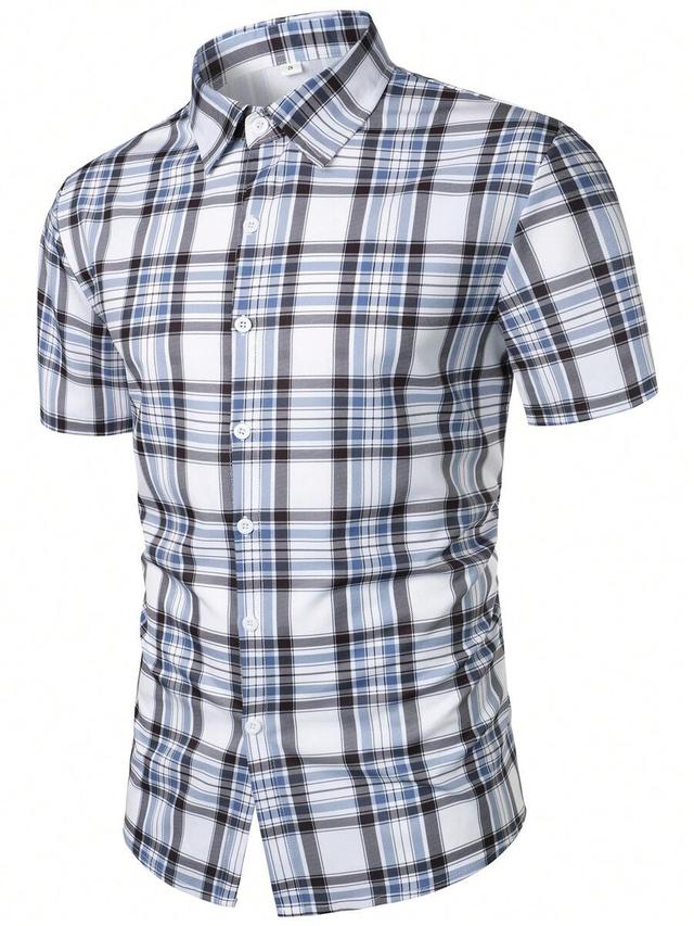men's button-down short sleeve plaid shirt in polyester