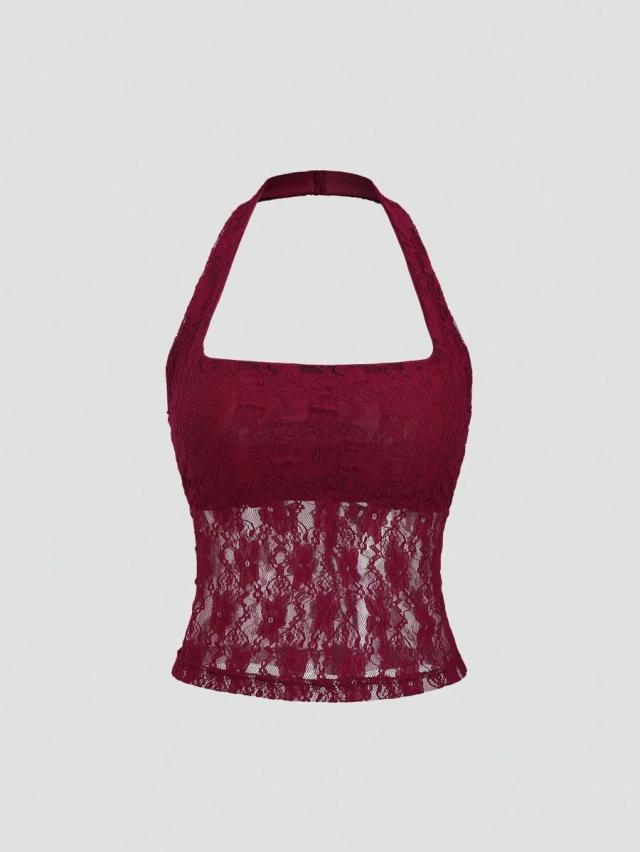 elegant burgundy lace halter top for holiday party