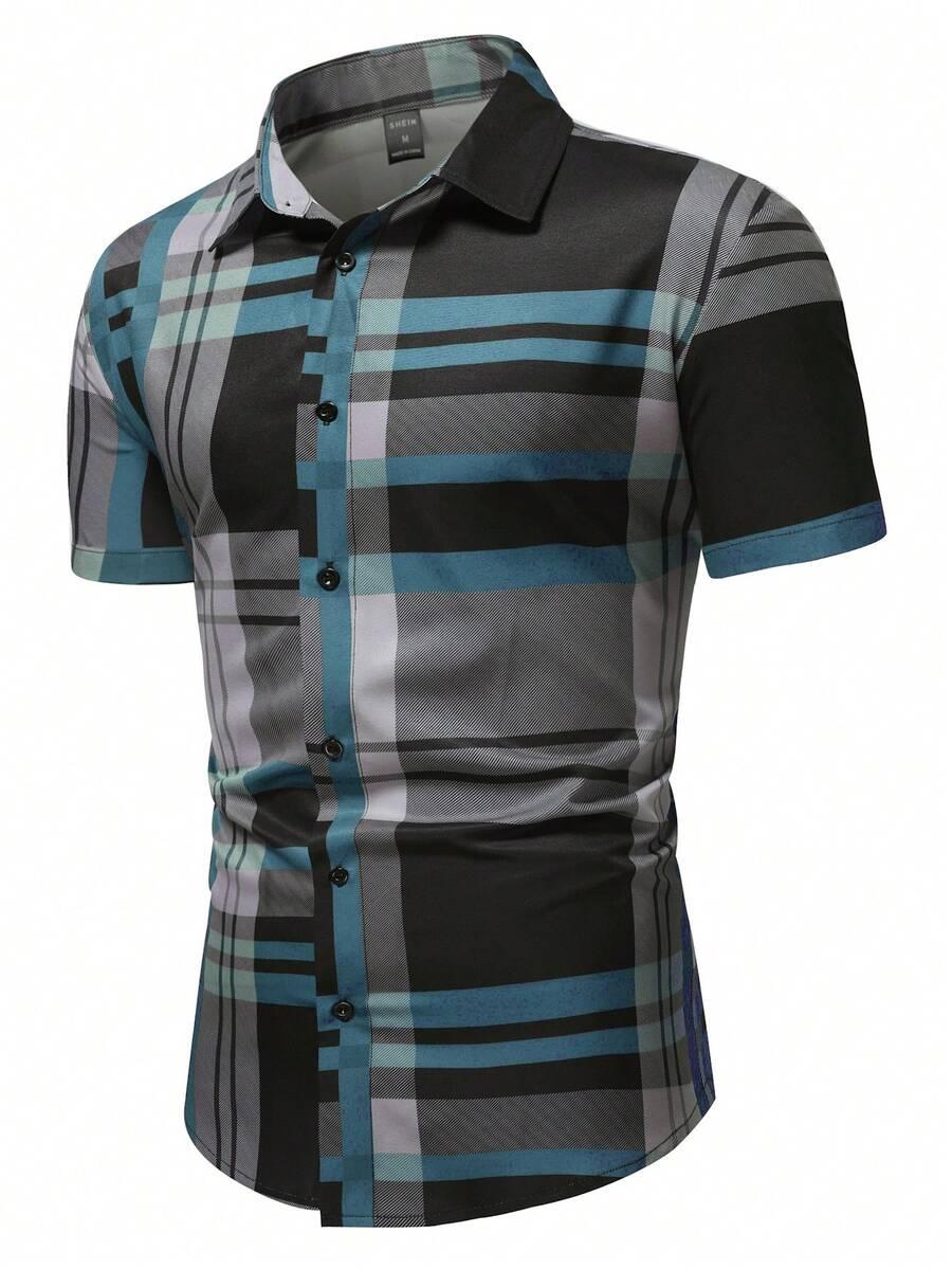 men's casual plaid print short sleeve shirt