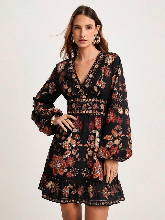 black floral print v-neck long sleeve short dress