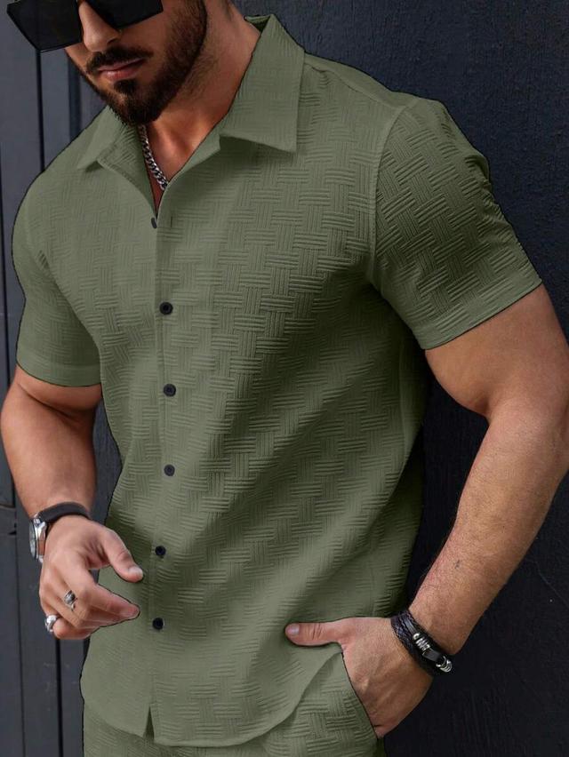 olive green textured short sleeve button down shirt