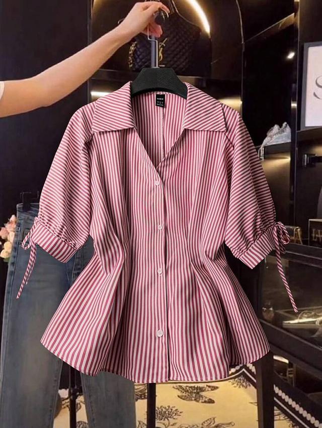 franclia elegant striped short sleeve puff sleeve blouse