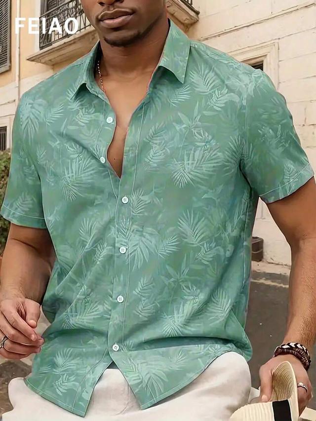 green tropical print short sleeve button down shirt