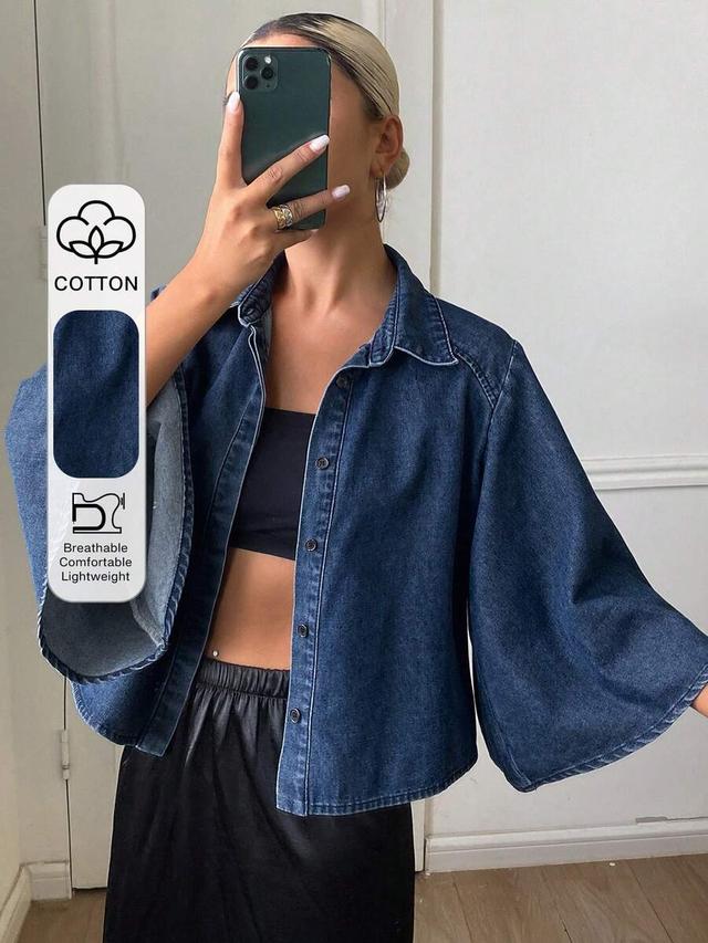 dark blue cotton denim lantern sleeve button-up top
