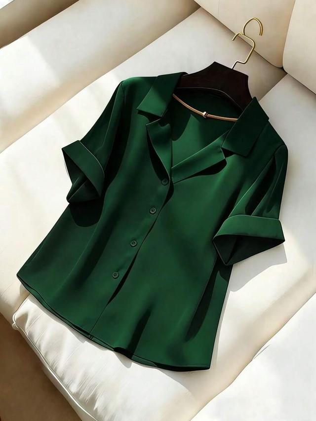 franclia elegant commuter versatile lapel collar short sleeve green shirt